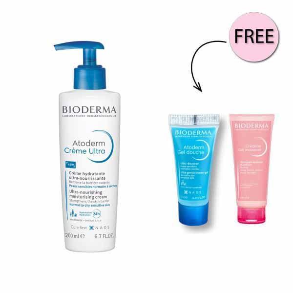 Bioderma Atoderm Creme Ultra-nourishing Cream 200ml + Free Atoderm Gel Douche 8ml + Free Sensibio Gel Moussant 8 Ml