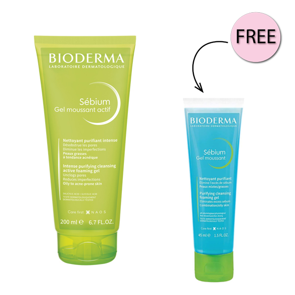 Bioderma Sebium Gel Moussant Actif (Salicylic Acid + Glycolic Acid) 200ml + Free Sebium Gel 45ml