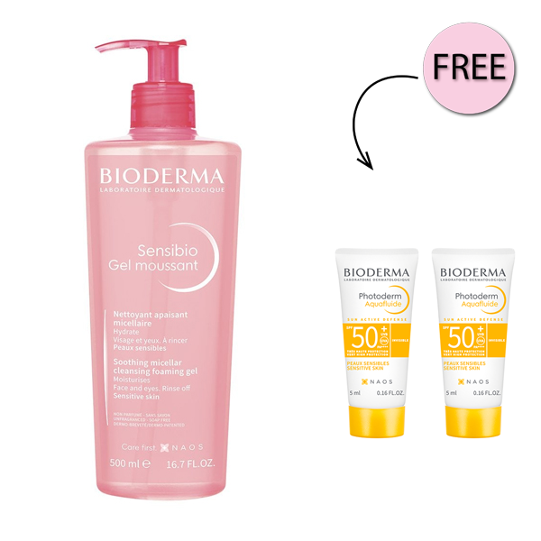 Bioderma Sensibio Gel Moussant Soothing Cleansing Foaming Gel 500ml + 2 Free Photoderm Aquafluide 5ml